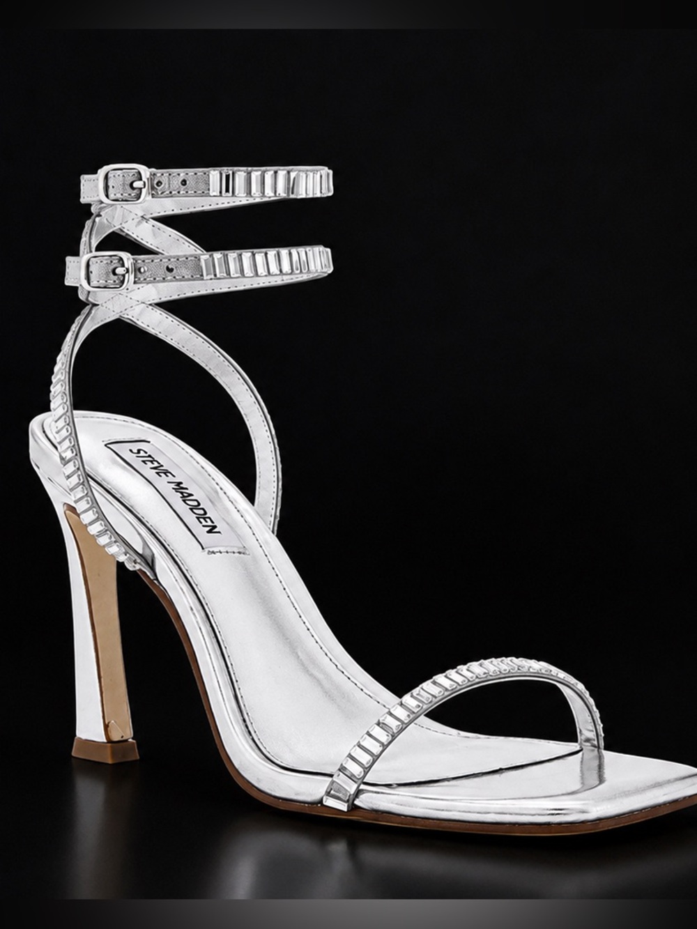 Steve Madden Thierry Silver Rhinestone Crystal Strappy Ankle Wrap Stiletto Heels